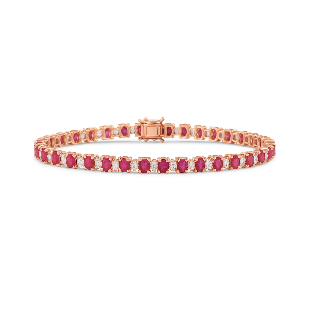 Alternate Ruby Oval Shape & Emerald Cut Diamond Bracelet (10.25 ct.) in 14K Gold