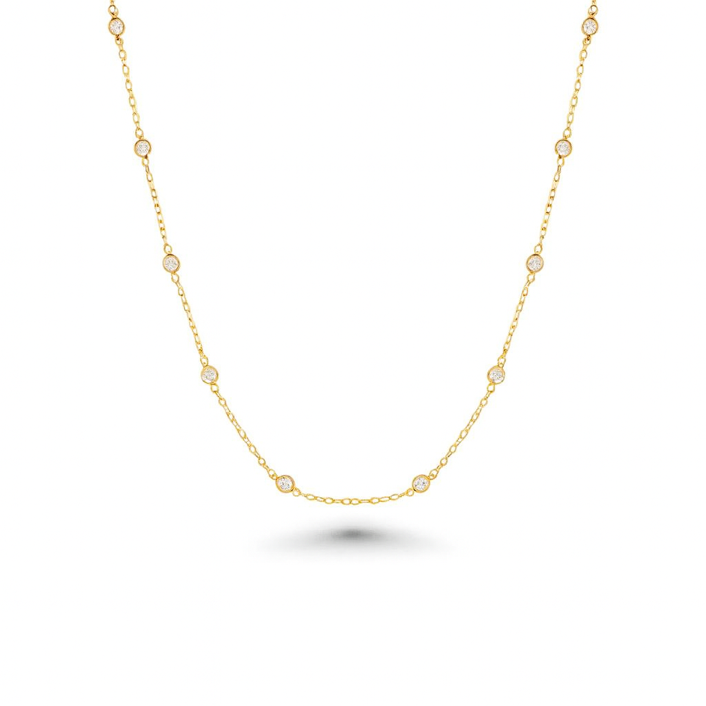 16 Stone Diamond By The Yard Necklace, Bezel Set Diamond Station Necklace (0.50 ct.) in 14K Gold