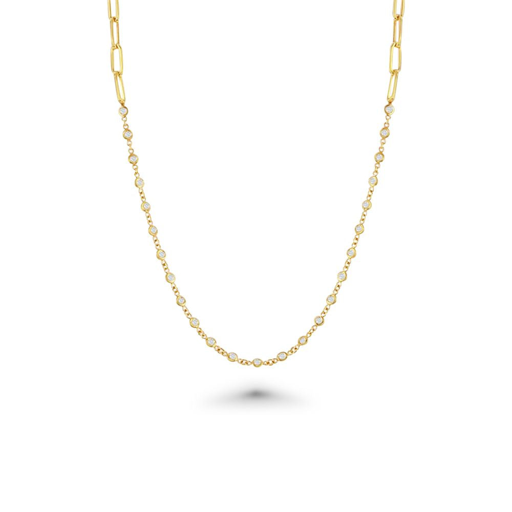 25 Stone Diamonds By The Yard Station Necklace & Half Paper Clip Chain (1.00 ct.) Bezel Set in 14K Gold