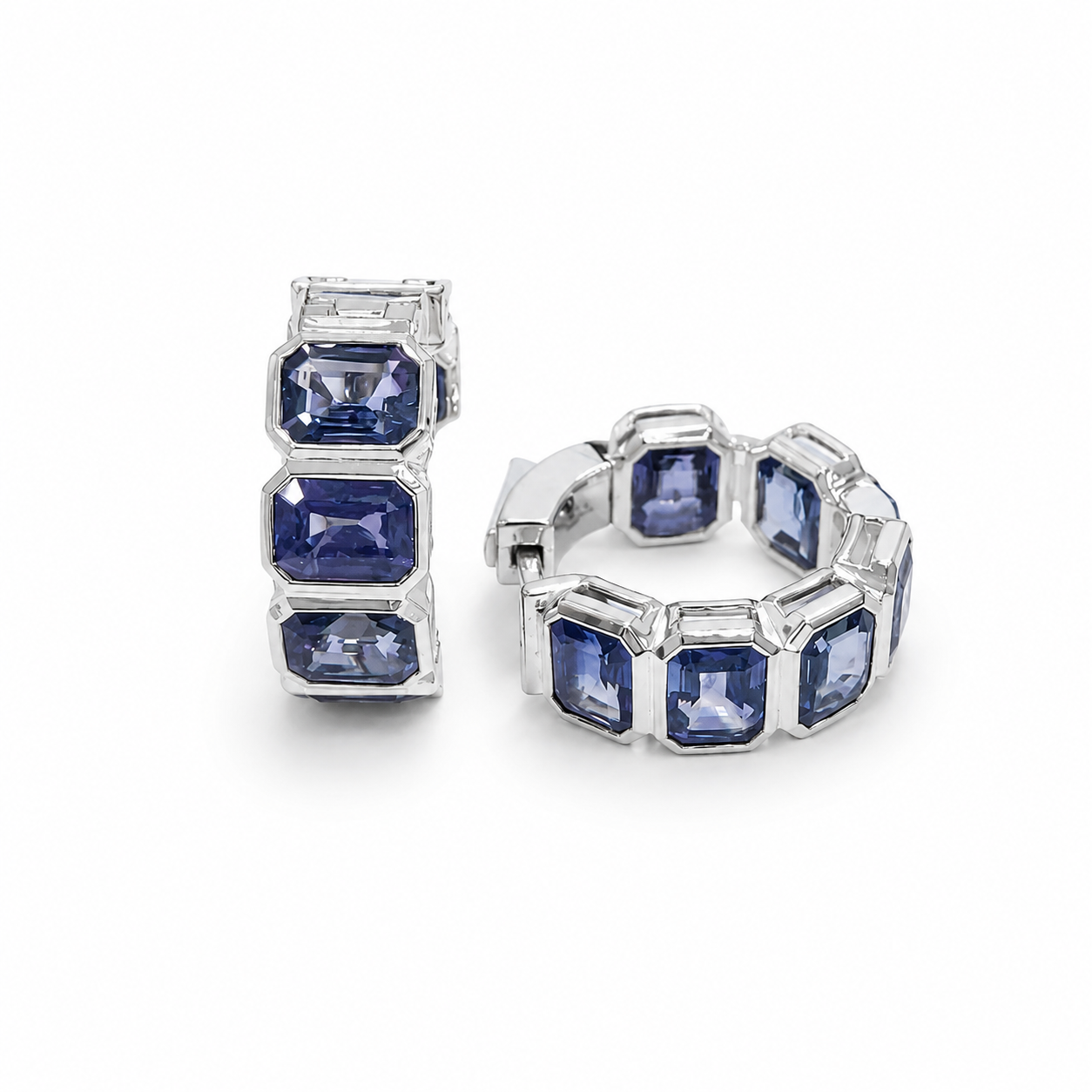 Emerald Cut Genuine Sapphire Inside-Out Bezel Hoop Earrings (5.95 ct.) in 14K Gold