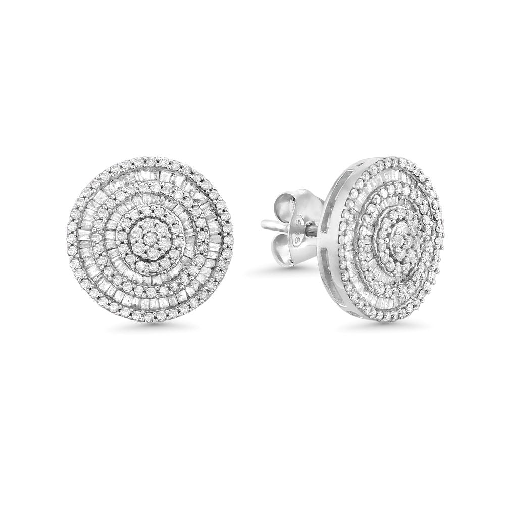 Triple Halo Baguette & Round Diamond Studs Earrings 0.50" Diameter (1.00 ct.) in 14K Gold