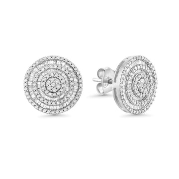 Triple Halo Baguette & Round Diamond Studs Earrings 0.50" Diameter (1.00 ct.) in 14K Gold