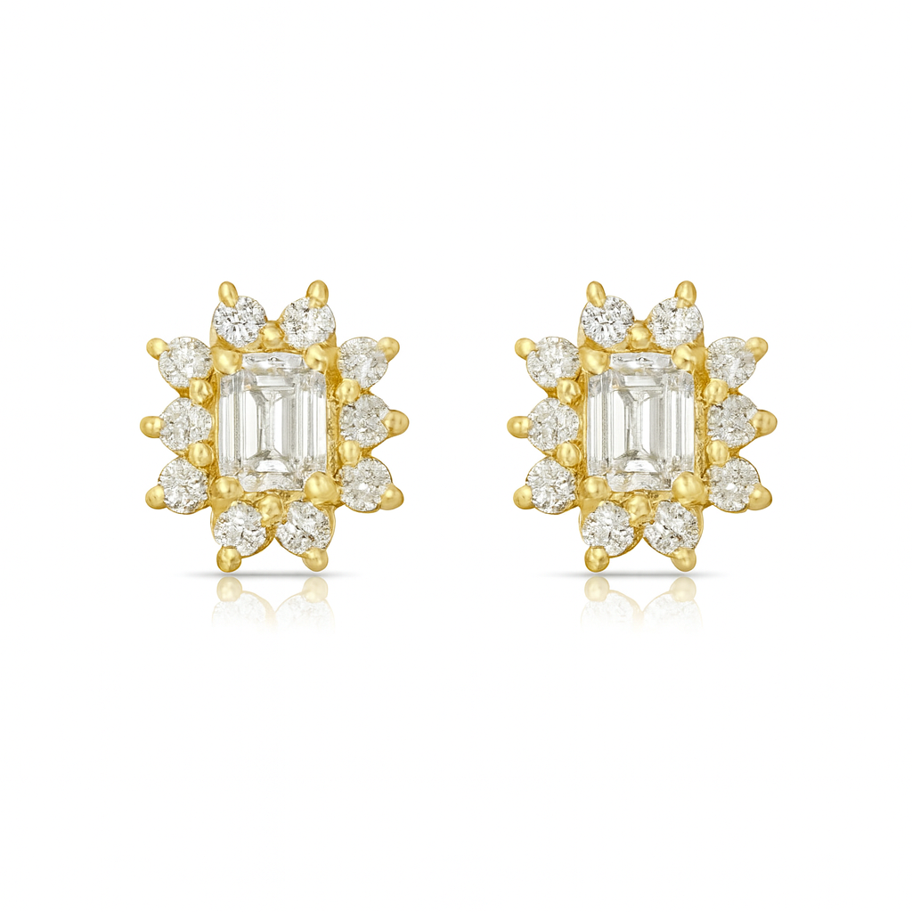 Emerald Cut Emerald Diamond halo Studs Earrings (0.35 ct.) in 14K Gold