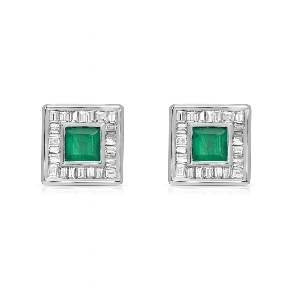 Princess Cut Emerald with Baguette Diamond Halo Studs Earrings (3.10 ct.) in 14K Gold