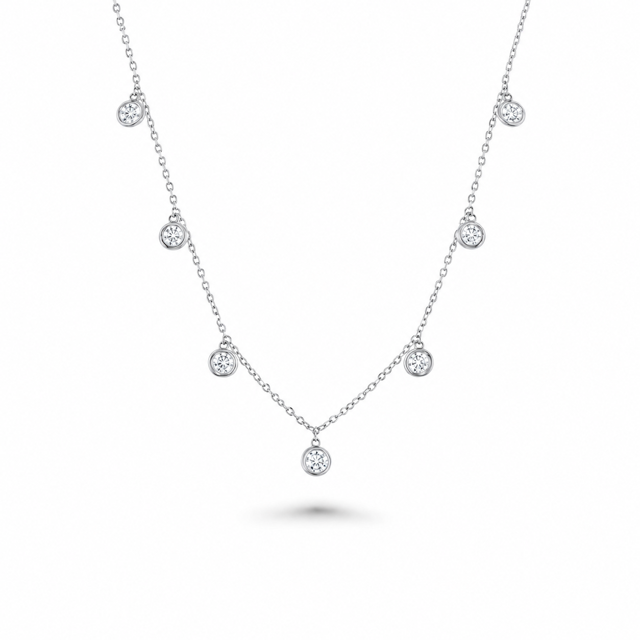 7 Stone Diamond Dangle Necklace, Bezel Set Diamond Station Necklace (1.50 ct.) in 14K Gold Chain