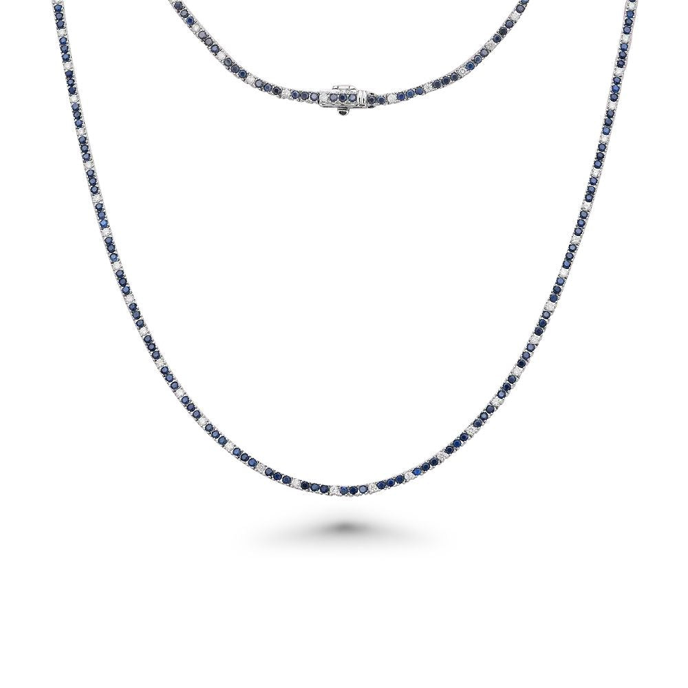 Alternate Diamond & Blue Sapphire Tennis Necklace (5.50 ct.) 3 mm 4-Prongs Setting in 14K Gold