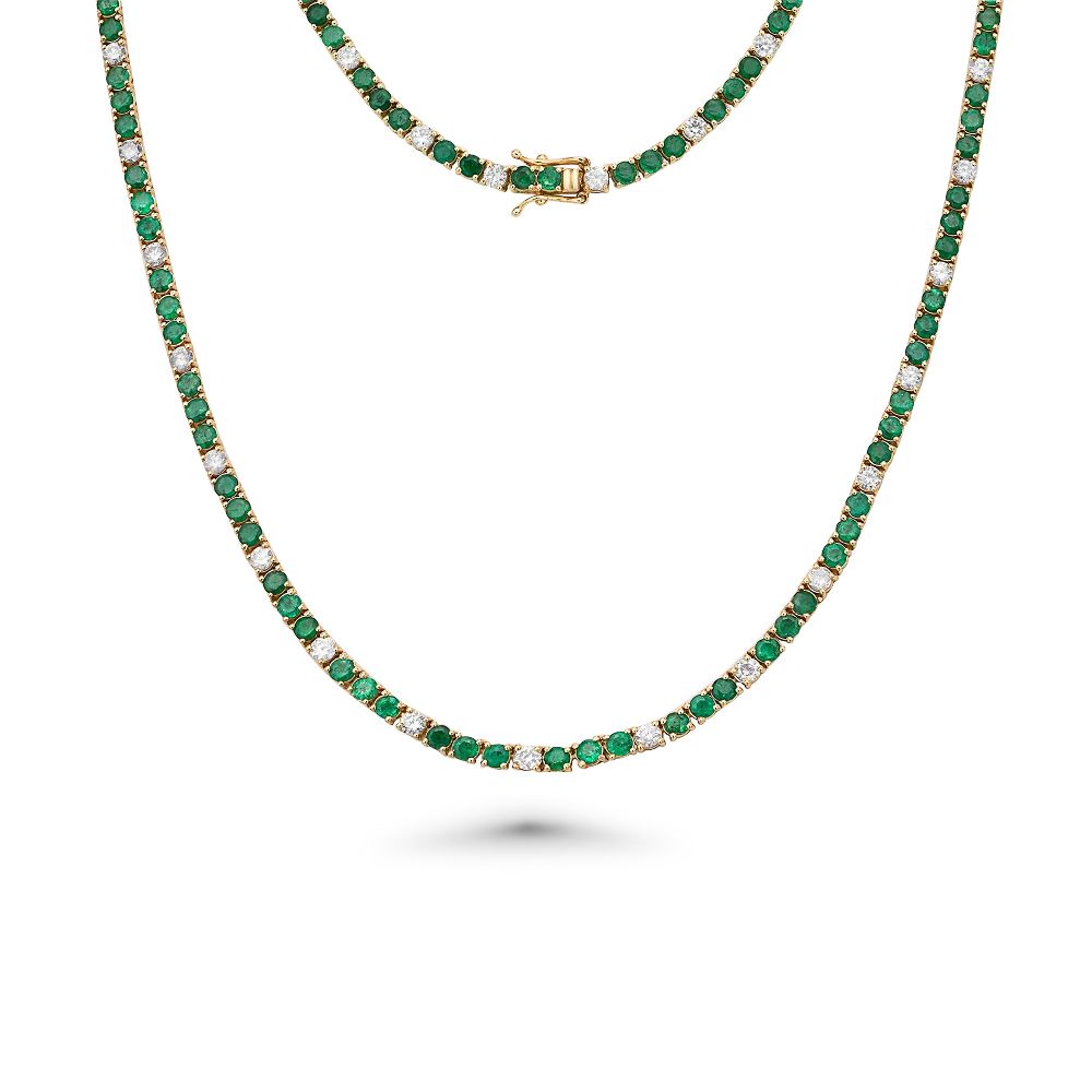 Alternate Diamond & Emerald Tennis Necklace ( 11.50 ct.) 4-Prongs Setting in 14K Gold