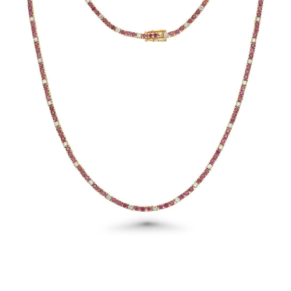 Alternate Ruby & Diamond Tennis Necklace (8.50 ct.) 4-Prongs Setting in 14K Gold
