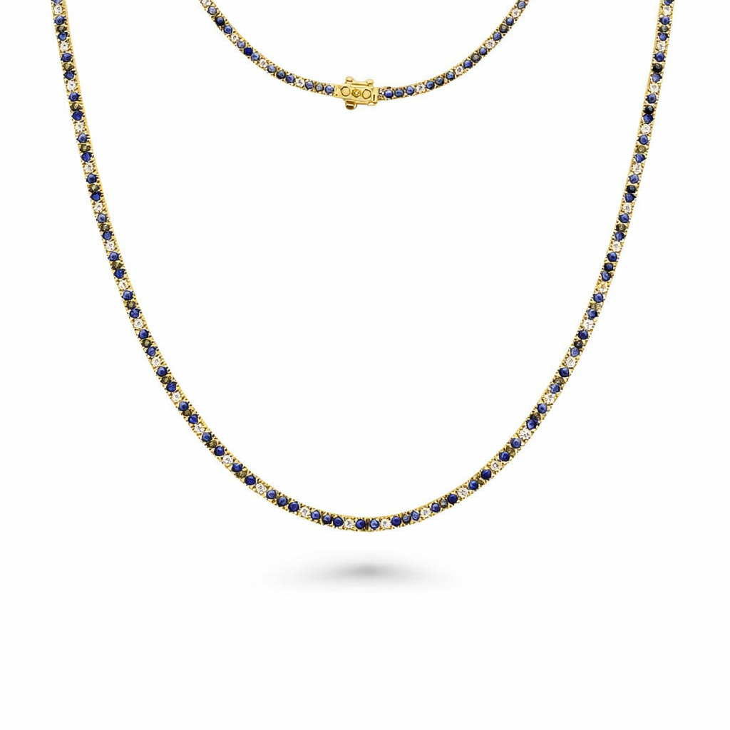 Alternate Diamond & Blue Sapphire Tennis Necklace (5.50 ct.) 3 mm 4-Prongs Setting in 14K Gold