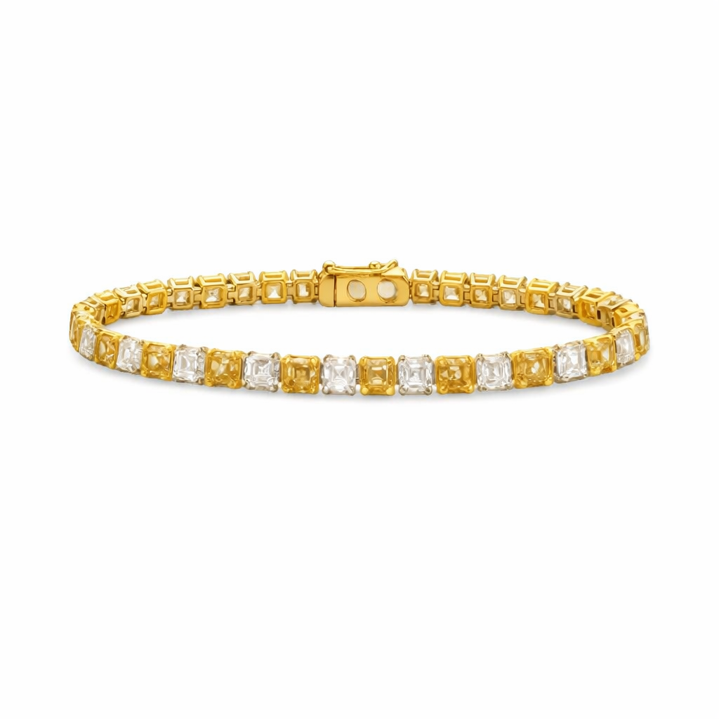 Alternate Diamond & Fancy Yellow Asscher Cut Diamond Tennis Bracelet (12.62 ct.) in 18K Gold
