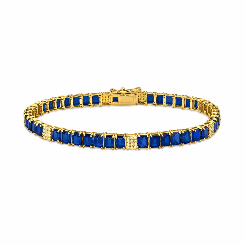 Alternate Emerald Cut Blue Sapphires & Diamonds Tennis Bracelet (11.50 ct.) 4-Prongs Setting in 14K Gold