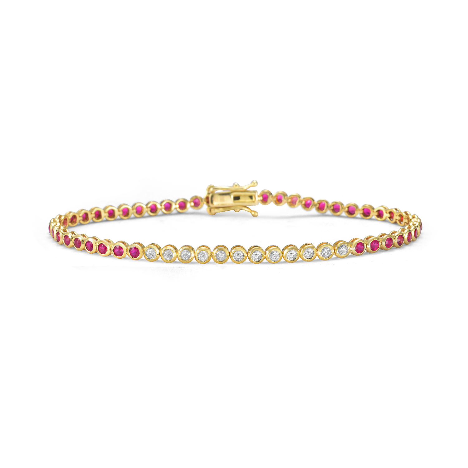 Alternate Round Diamonds & Ruby Tennis Bracelet (2.50 ct.) Bezel Setting in 14K Gold