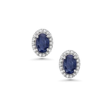 Blue Sapphire Oval Shape Halo Diamonds Studs Earrings (1.60 ct.) in 14K Gold