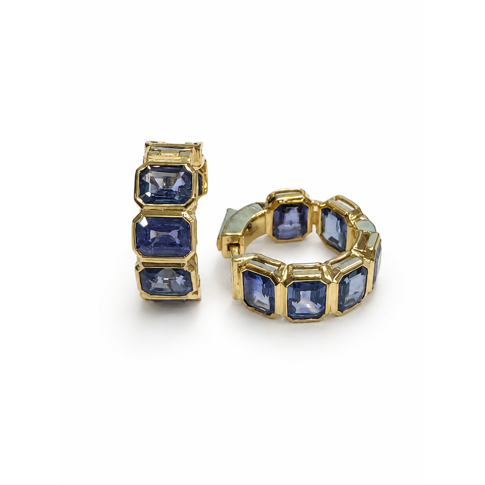 Capucelli Emerald Cut Genuine Sapphire Inside-Out Bezel Hoop Earrings (5.95 CTW) in 14K Gold