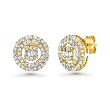 Diamond Double Halo & Baguette Round Shape Studs Earrings (0.95 ct.) in 14K Gold