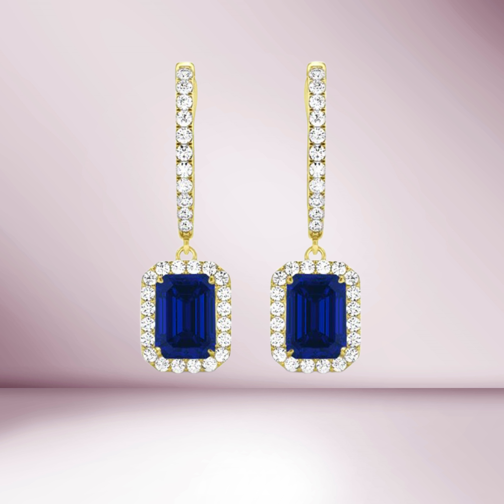 Diamond Hoop & Dangle Emerald Cut Blue Sapphire With Diamond Halo Earrings (1.90 ct.) in 14K Gold