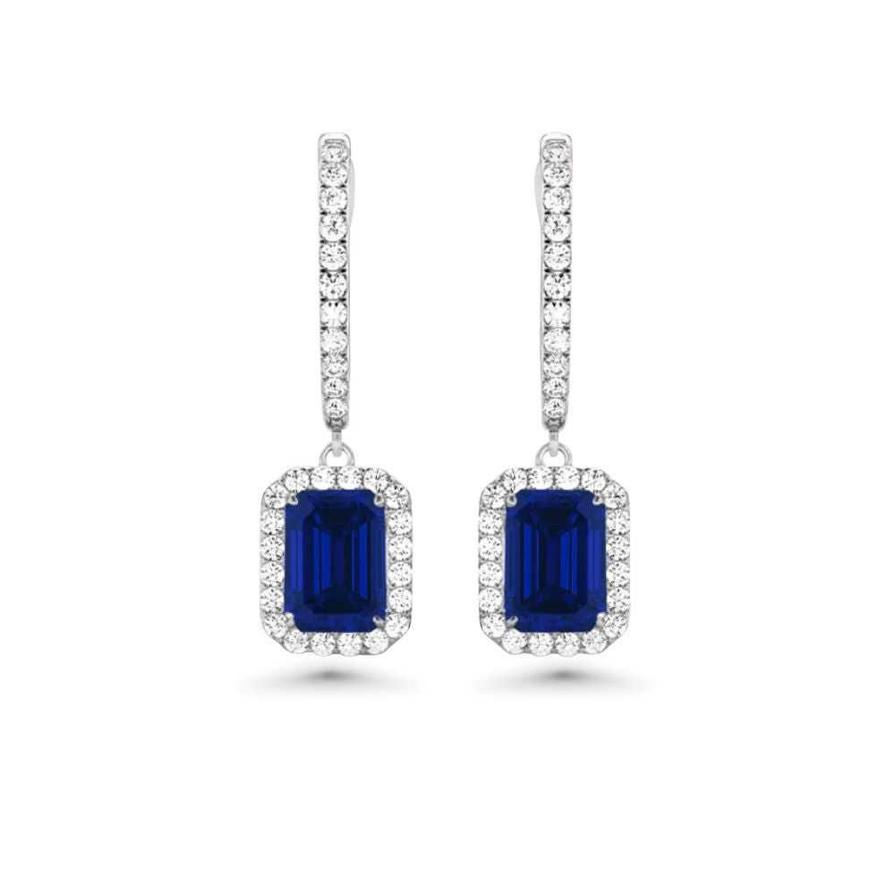Diamond Hoop & Dangle Emerald Cut Blue Sapphire With Diamond Halo Earrings (1.90 ct.) in 14K Gold