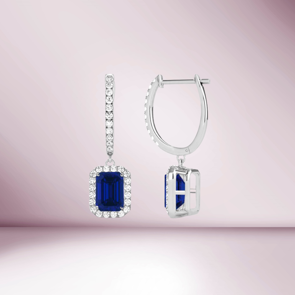Diamond Hoop & Dangle Emerald Cut Blue Sapphire With Diamond Halo Earrings (1.90 ct.) in 14K Gold