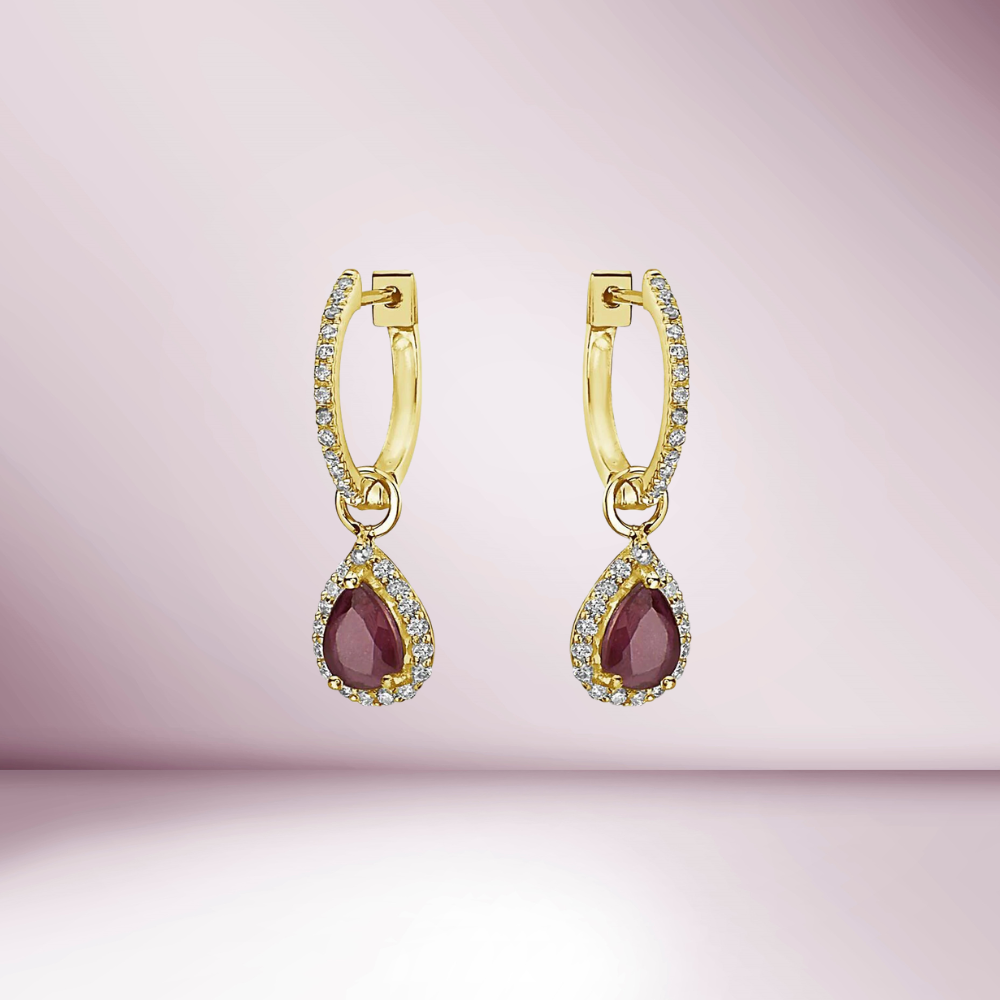 Diamond Hoop & Dangle Red Ruby Pear Shape With Diamond Halo Earrings