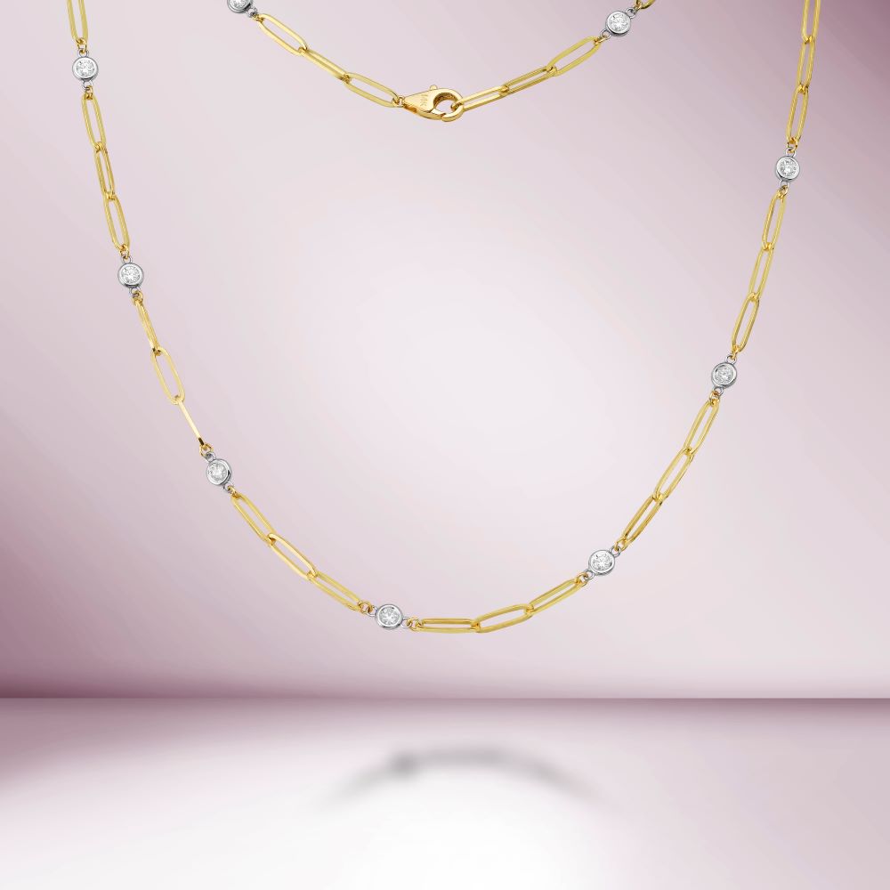 Alternate Bezel Diamond Paper Clip Necklace (0.96 ct.) in 14K Gold