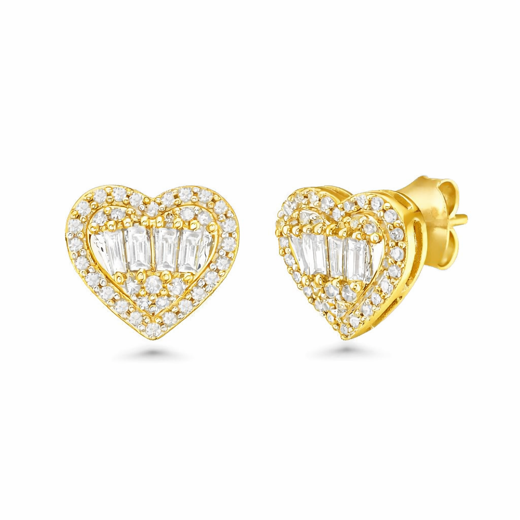 Diamond Double Halo Baguette Heart Shape Studs Earrings (0.75 ct.) in 14K Gold