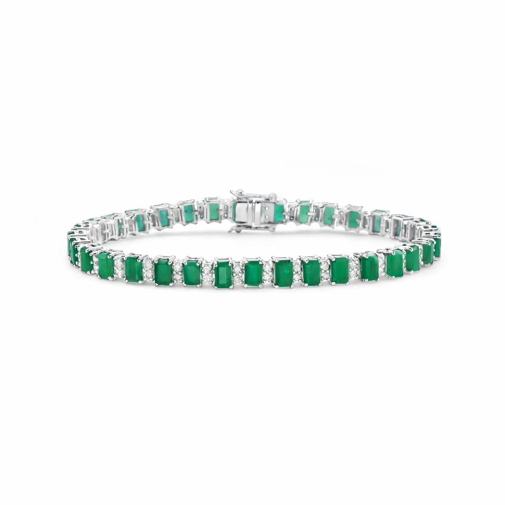 Diamond & Emerald Cut Emerald Tennis Bracelet (10.50 ct.) 4-Prongs Setting in 14K Gold