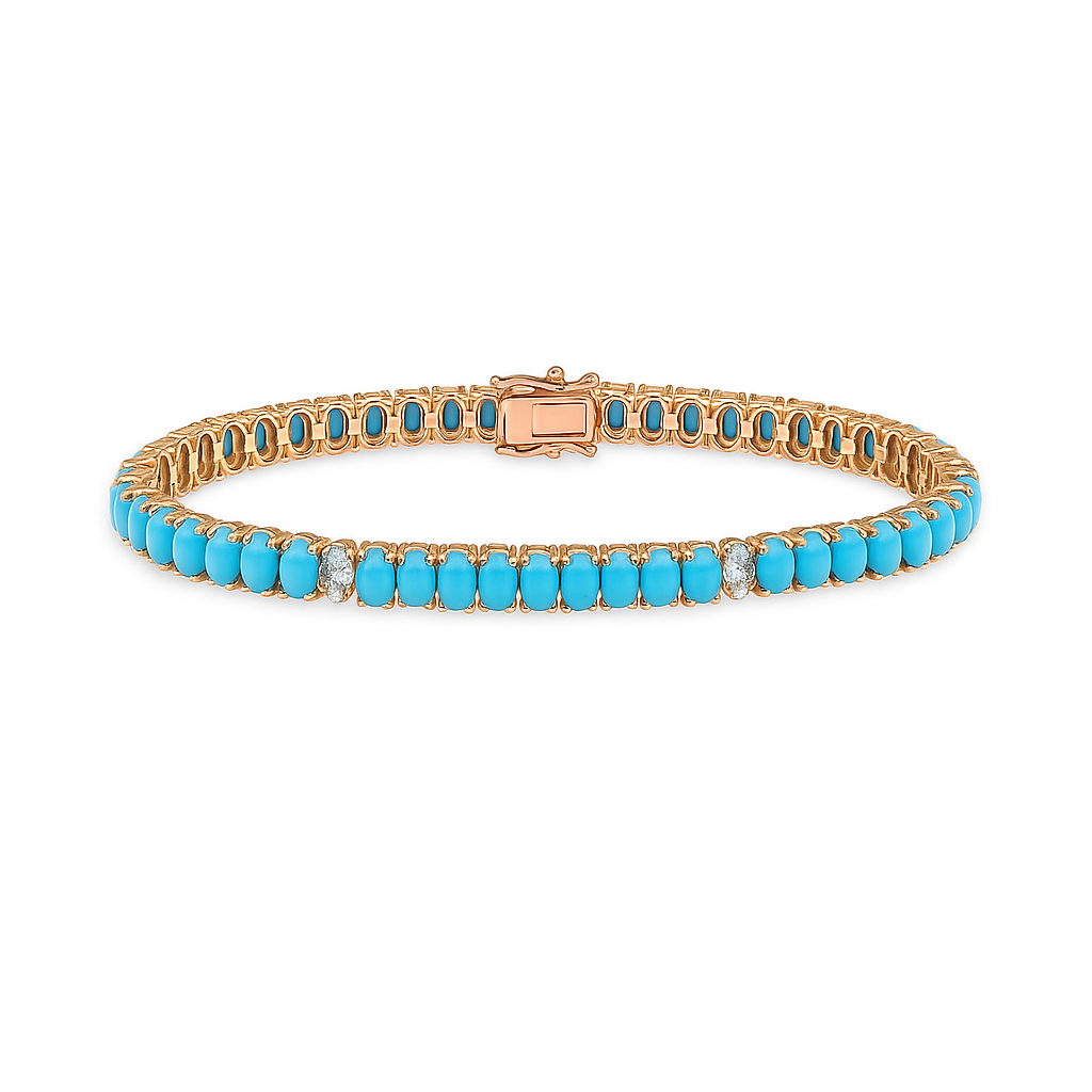 Diamond & Oval Turquoise Tennis Bracelet ( 8.20 ct.) 4-Prongs Setting in 14K Gold