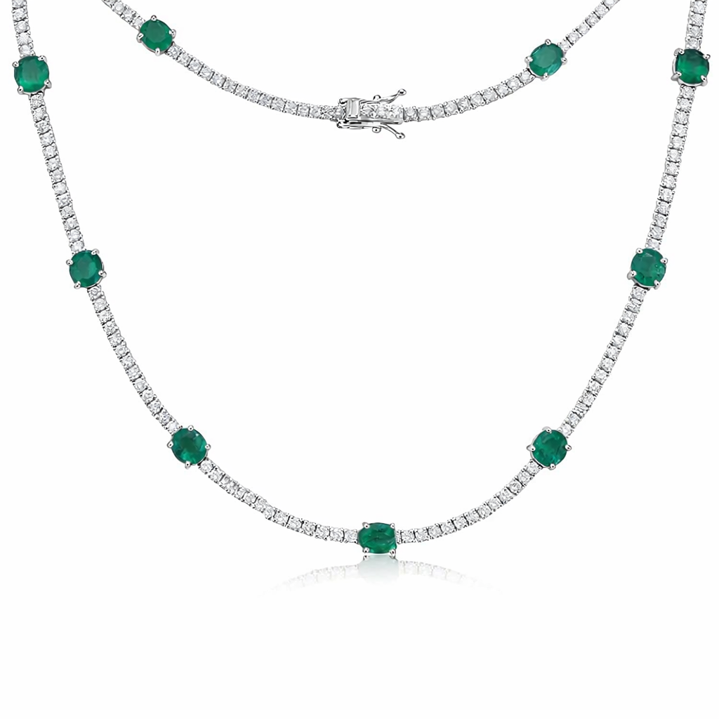 Diamond Tennis Necklace with Alternate Oval Cut Emeralds (6.50 ct.) 4-Prongs Setting in 14K Gold