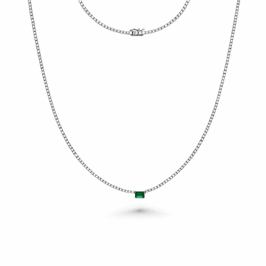 Diamond Tennis Necklace with Emerald Cut Emerald 7.20x5mm (5.50 ct.) 2 mm 4-Prongs Setting  in 14K Gold