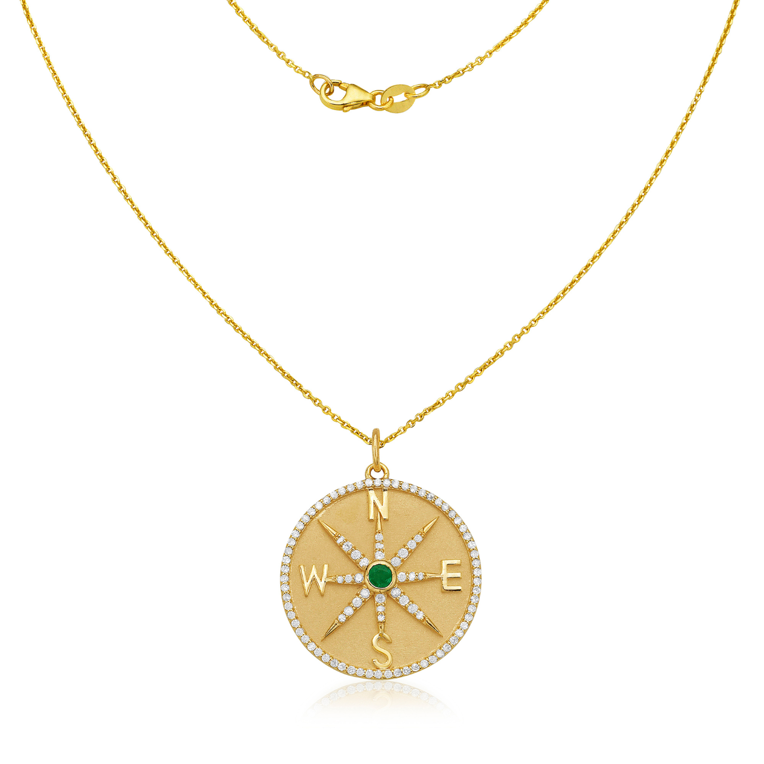 Diamond and Emerald Medallion Compass Coin Pendant Necklace (0.70 ct.) in 14K Gold