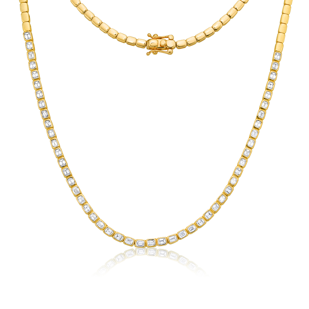 East-West Emerald Cut Diamond Tennis Necklace (4.00 ct.) Halfway Bezel Set in 14K Gold