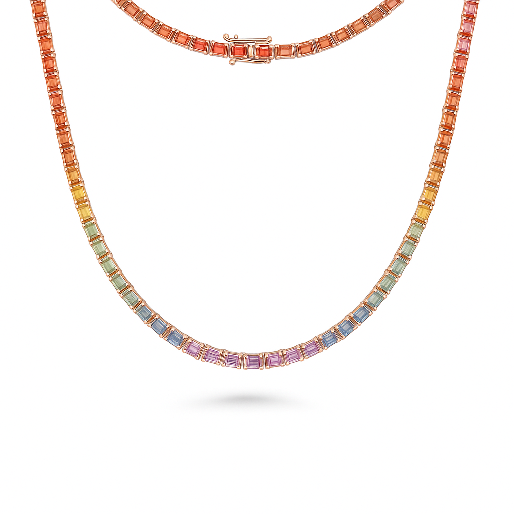 East West Rainbow Multi Color Sapphire Emerald Cut Tennis Necklace (25.00 ct.) 4-Prongs Setting in 14K Gold