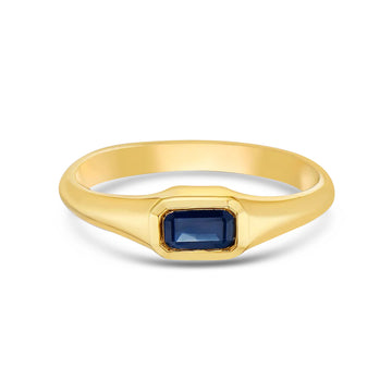 Ready to Ship Emerald Cut Blue Sapphire Solitaire Ring (0.38 ct.) Bezel Set in 14K Gold