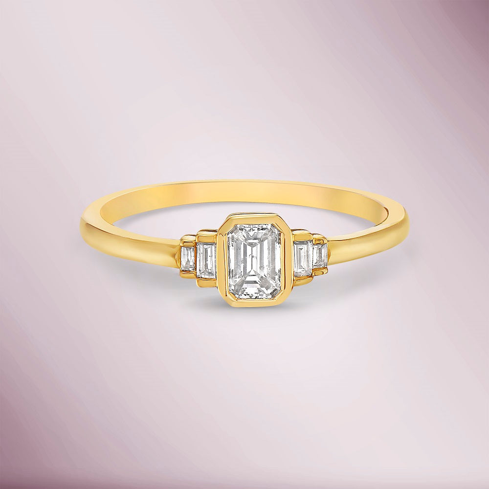 Emerald Cut Diamond & Baguette Ring (0.44 ct.) Bezel Set in 14K Gold