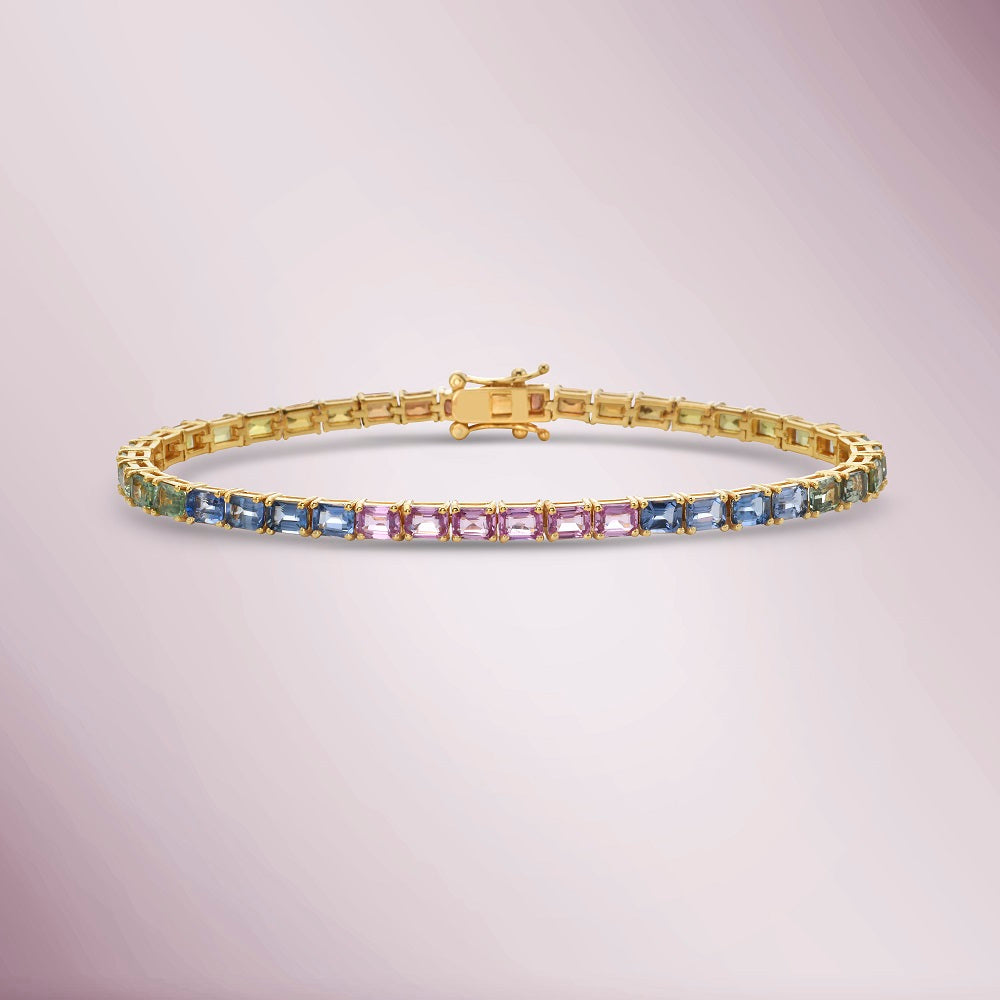 Emerald Cut Rainbow Multi Color Sapphire Tennis Bracelet (10.85 ct.) in 14K Gold