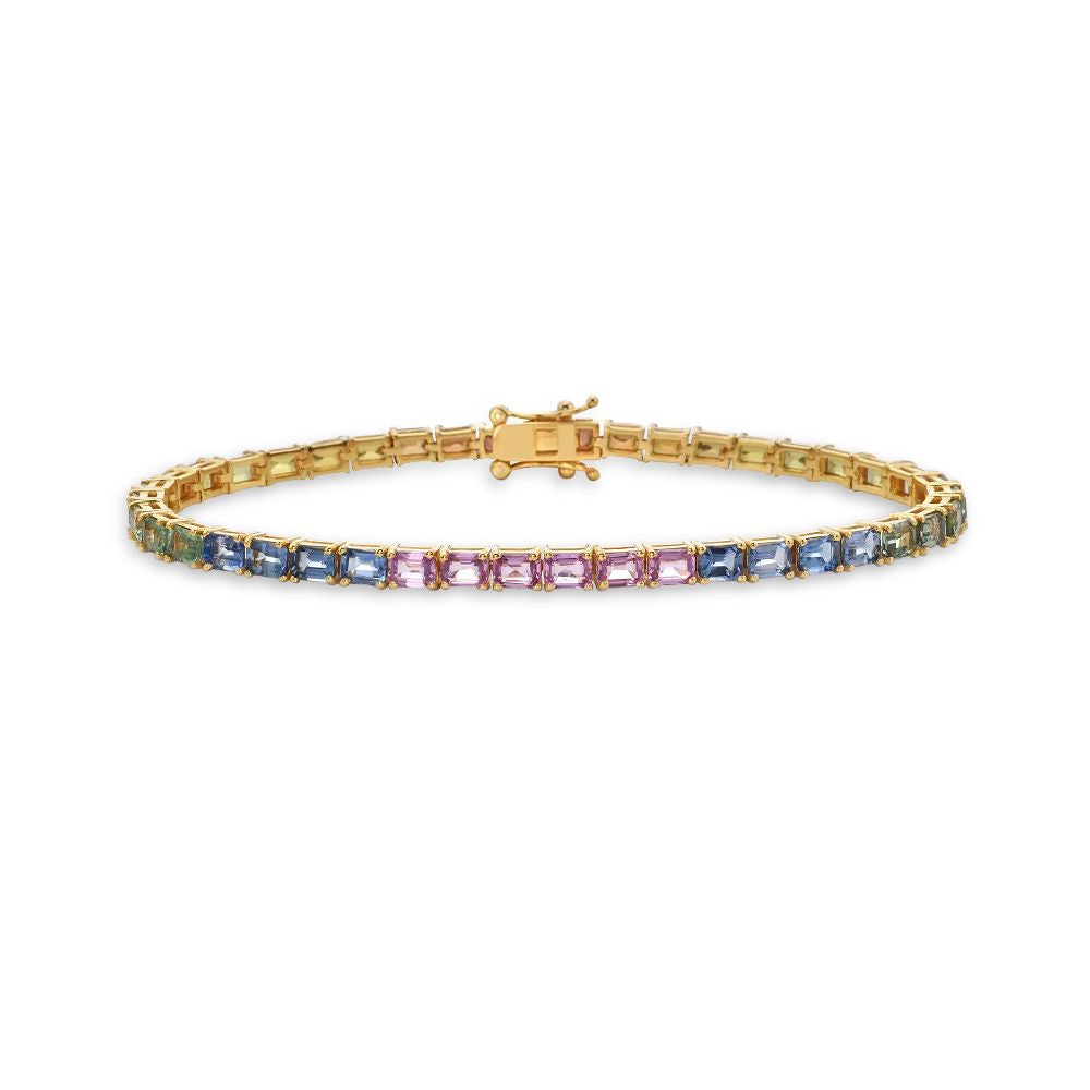 Emerald Cut Rainbow Multi Color Sapphire Tennis Bracelet (10.85 ct.) in 14K Gold