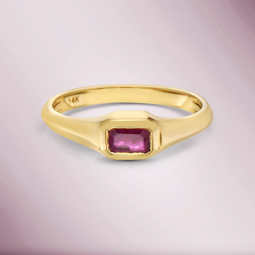 Emerald Cut Ruby Solitaire Ring (0.30 ct.) Bezel Set in 14K Gold