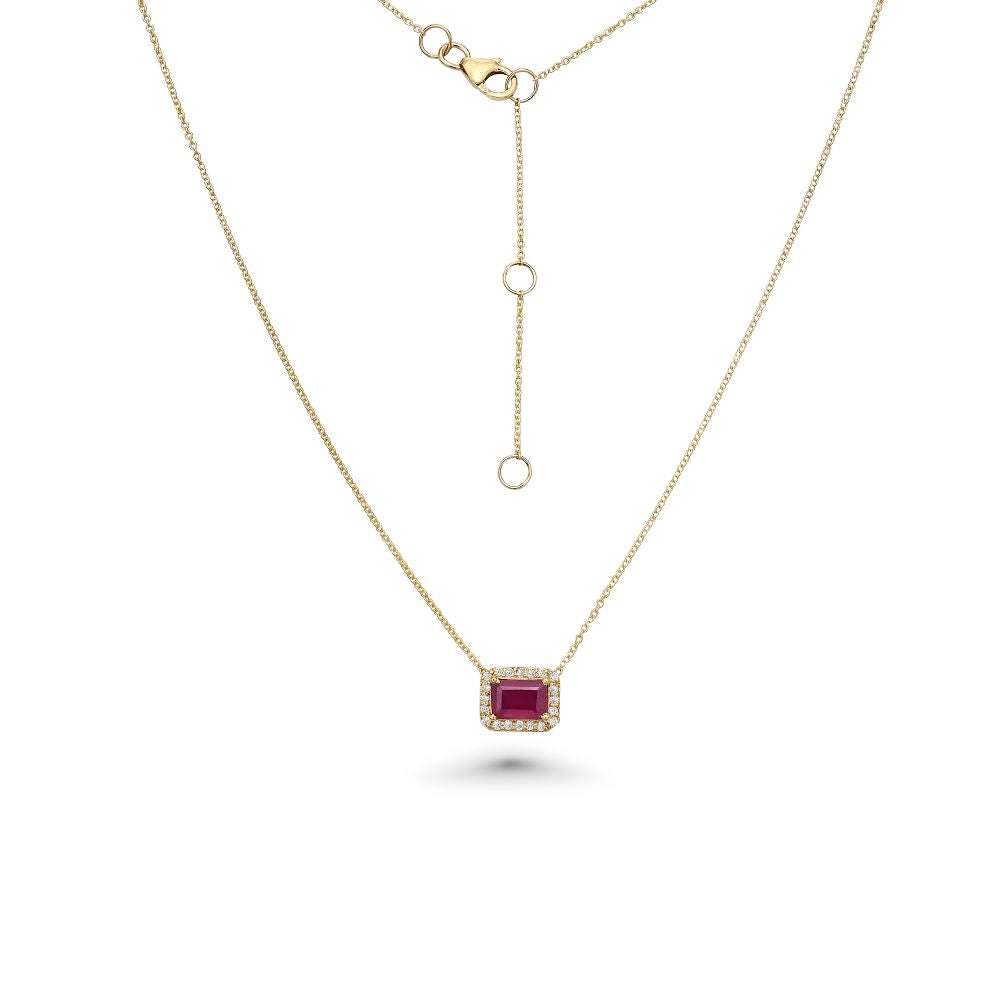 Emerald Cut Ruby & Diamond Halo Necklace (1.41 ct.) in 14K Gold