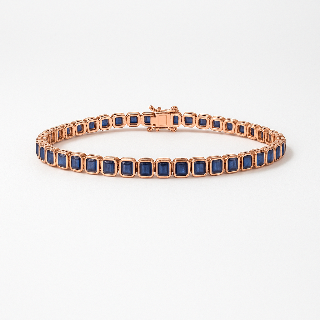 Emerald Cut Blue Sapphires Tennis Bracelet (13.00 ct.) Bezel Setting in 14K Gold