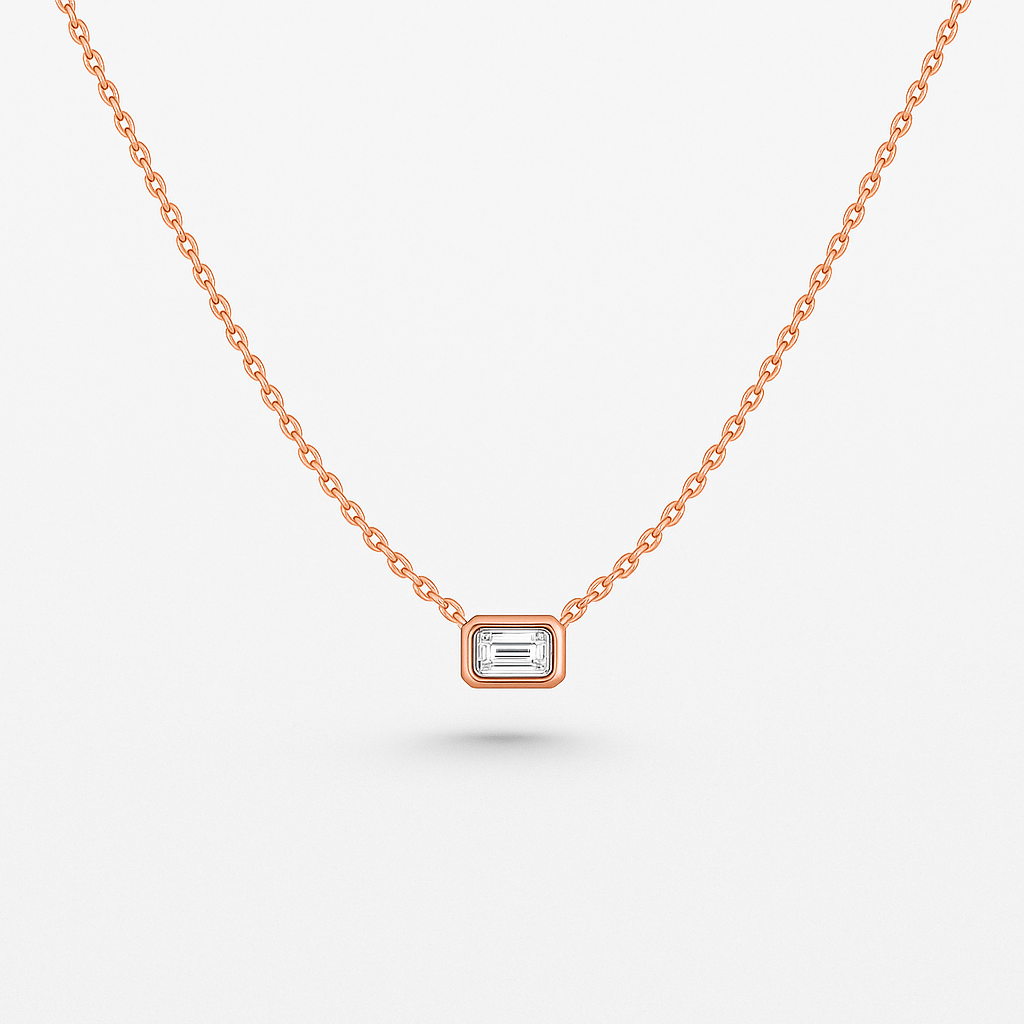 Emerald Cut Diamond Solitaire Necklace (0.20 ct.) 6.50 mm Bezel Set in 14K Gold