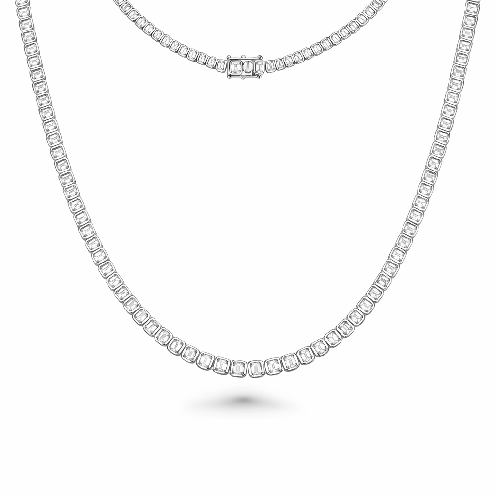 Emerald Cut Diamond Tennis Necklace (13.60 ct.) Bezel Set in 18K Gold