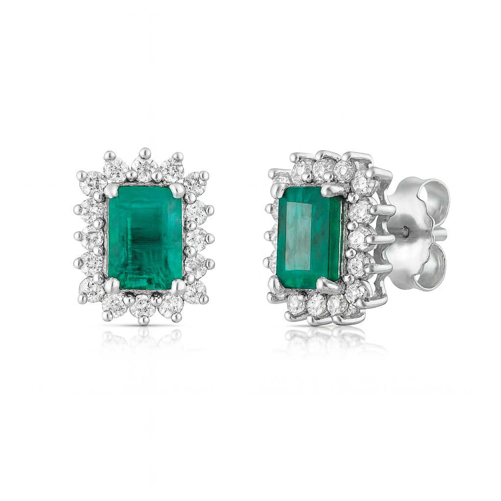 Emerald Cut Emerald With Diamond Halo Earrings (1.45 ct.) in 14K Gold