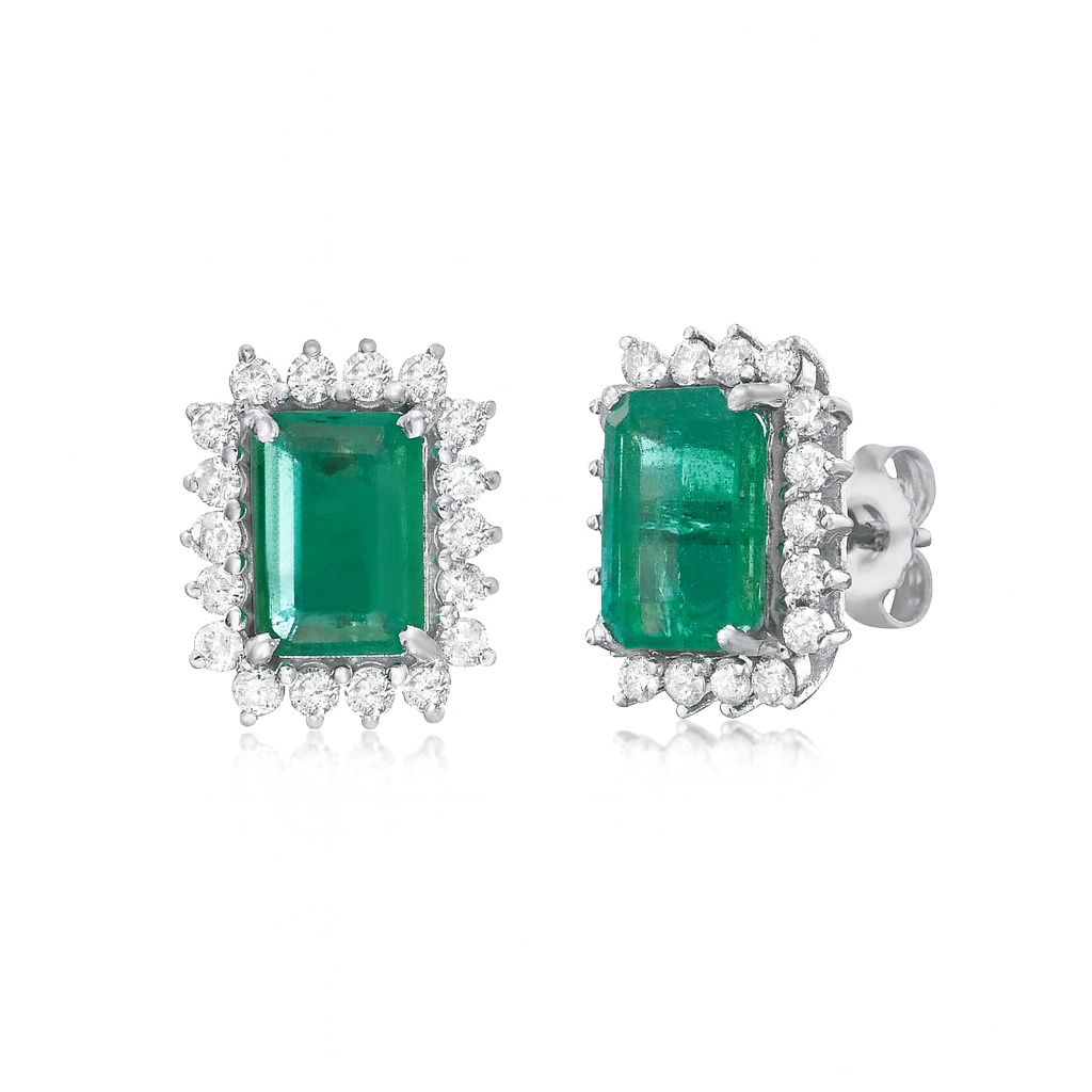 Emerald Cut Emerald With Diamond Halo Earrings (4.50 ct.) in 14K Gold