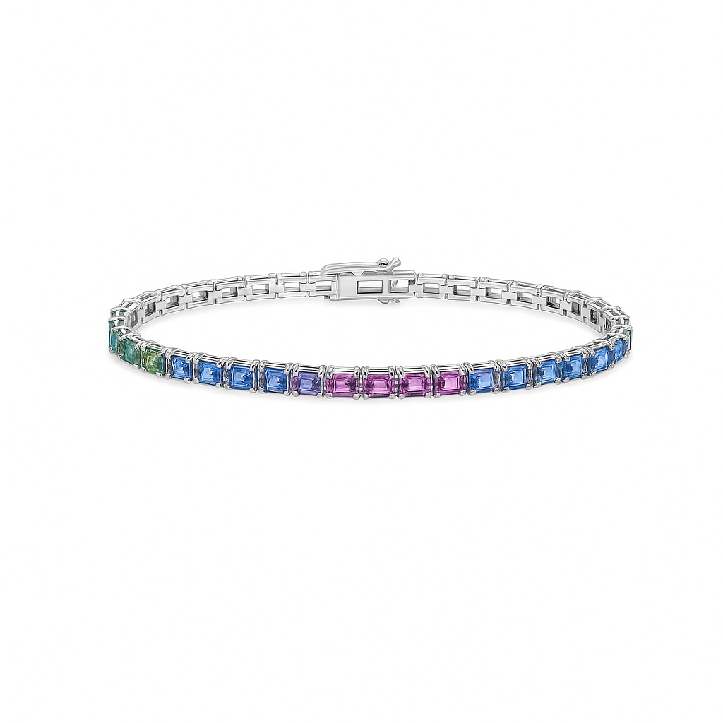 Emerald Cut Multicolor Rainbow Sapphire Tennis Bracelet ( 10.50 ct. ) 4-Prongs Setting in 14K Gold