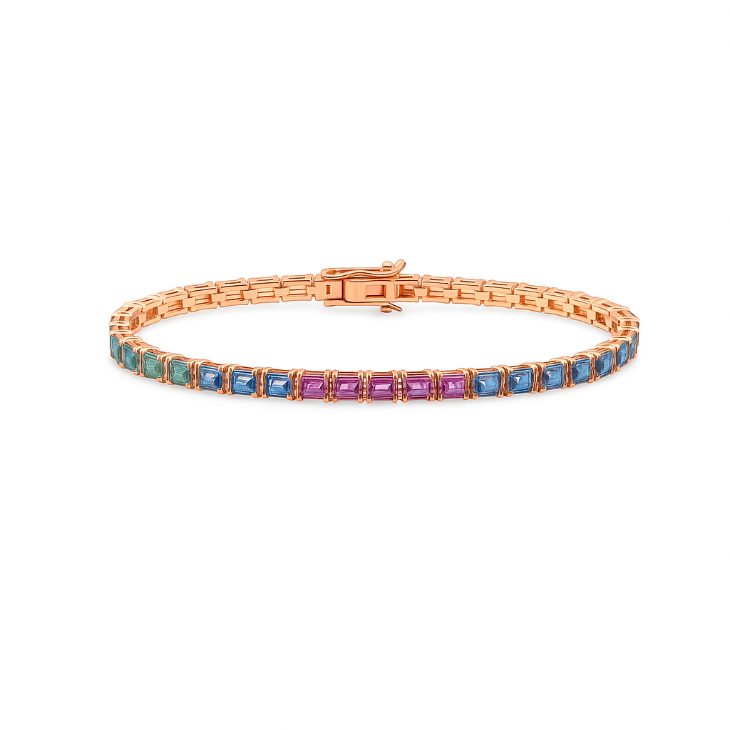 Emerald Cut Multicolor Rainbow Sapphire Tennis Bracelet ( 10.50 ct. ) 4-Prongs Setting in 14K Gold