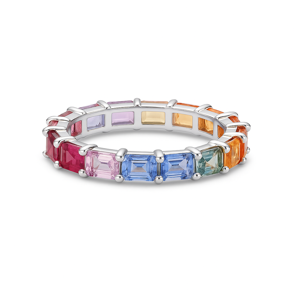 Emerald Cut Multicolored Sapphire Eternity Band (3.80 ct.) in 14K Gold