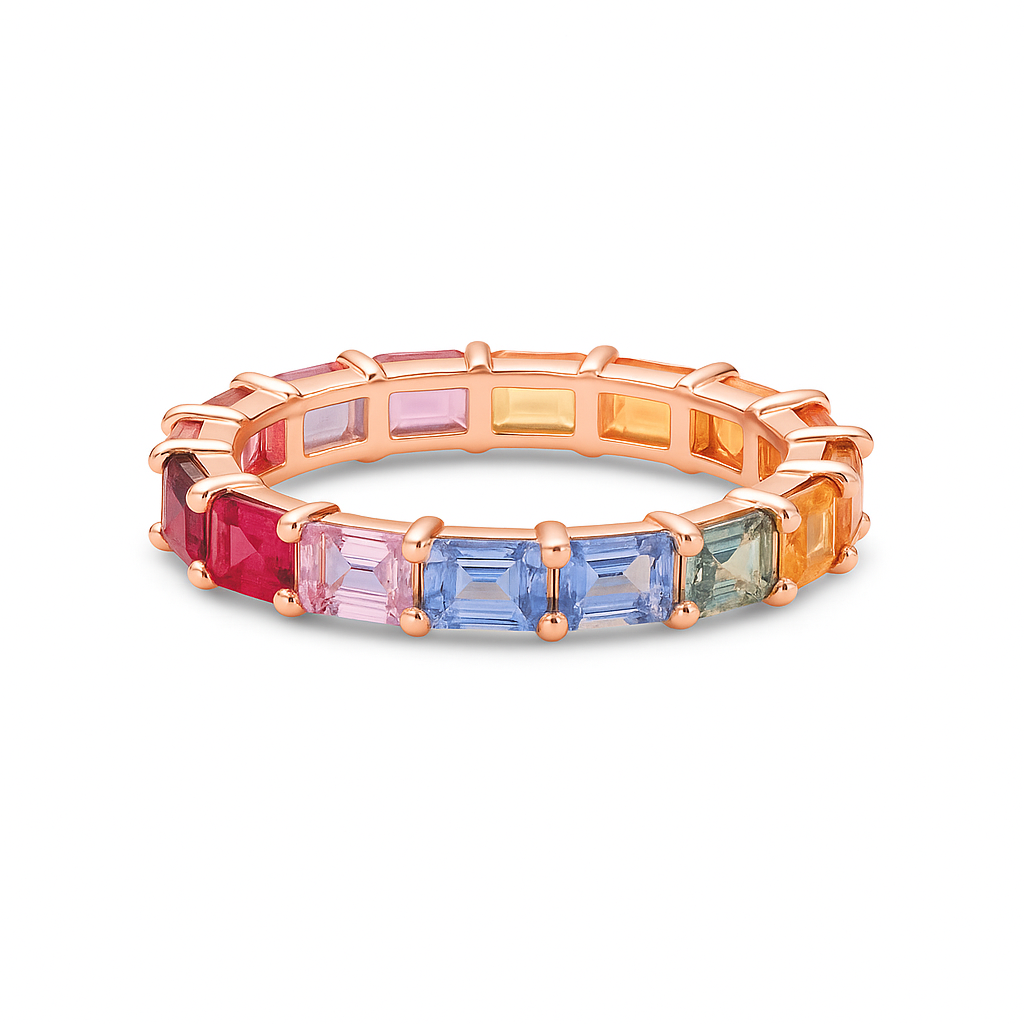 Emerald Cut Multicolored Sapphire Eternity Band (3.80 ct.) in 14K Gold