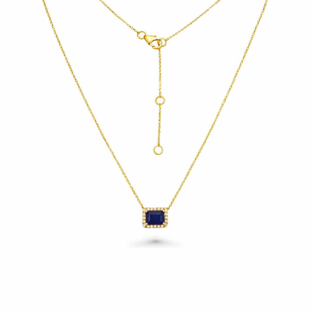 Emerald Cut Sapphire & Diamond Halo Necklace (1.56 ct.) in 14K Gold