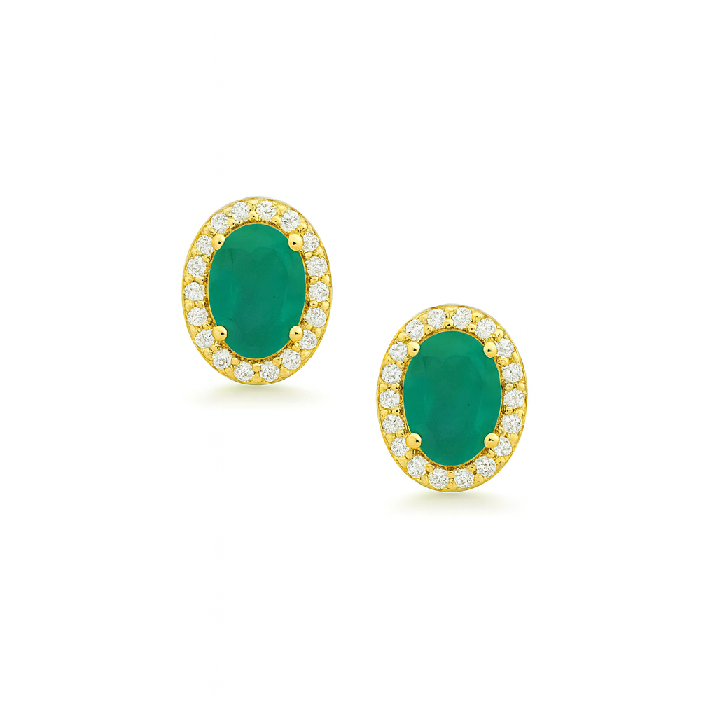 Emerald Oval Shape Halo Diamonds Studs Earrings (2.44 ct.) in 14K Gold