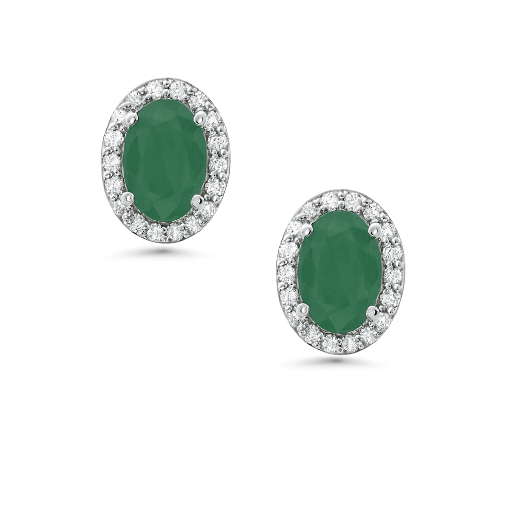 Emerald Oval Shape With Halo Diamonds Studs Earrings (0.95 ct.) in 14K Gold